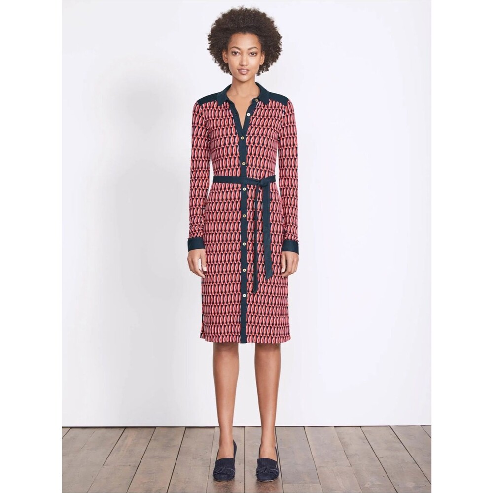 Boden Long-Sleeve Orange Navy Geometric Jersey Knit Shirt Dress Contrast Trim 12